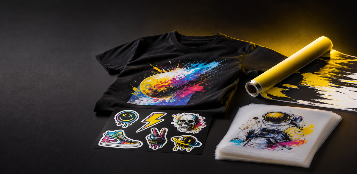Custom DTF transfers, printed T-shirt, stickers and banner on a black and yellow studio background